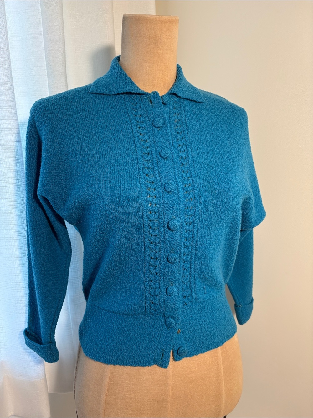 Lofties by Lawrence Vintage Teal Wool Chenille Button Down Sweater EST Small